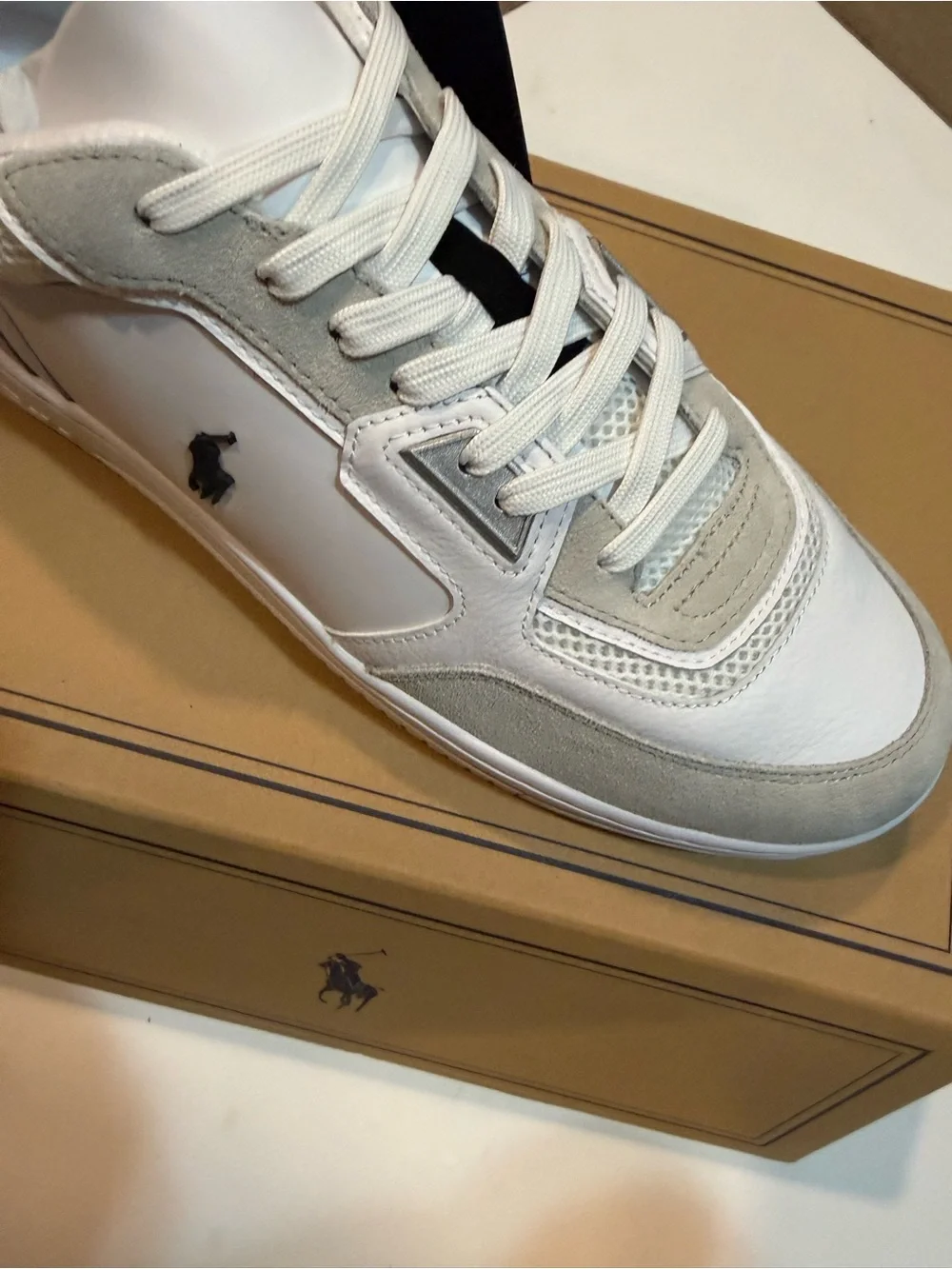 Polo/ Open Masters Leather-Paneled Sneaker/ LTL wHT/ BLK- leather/suede/ mesh/